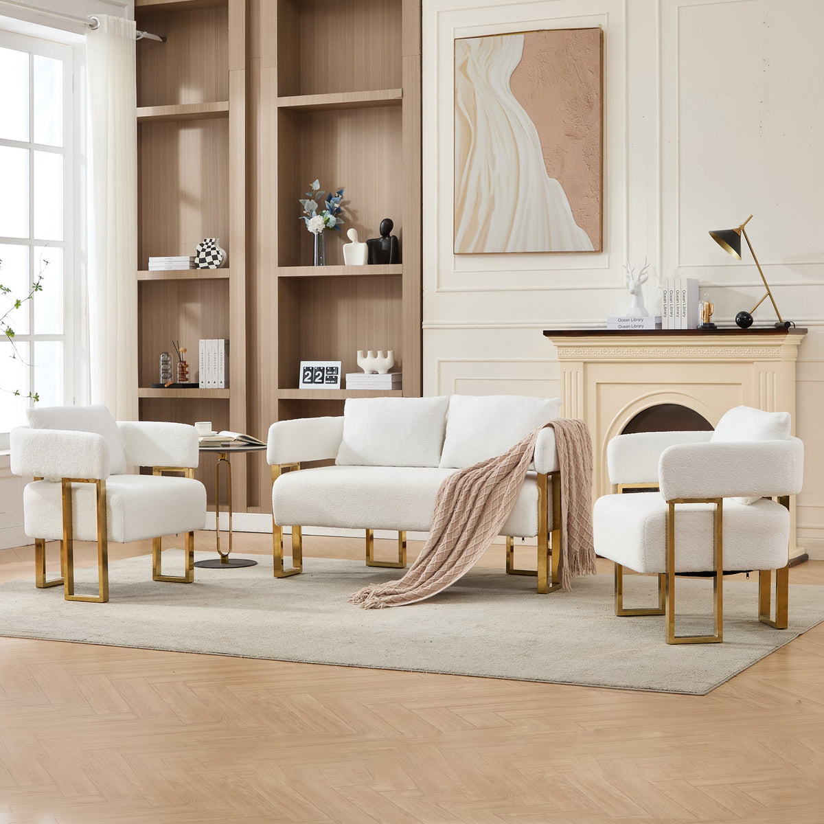 Modern White Teddy Upholstered Loveseat with Gold Metal Legs