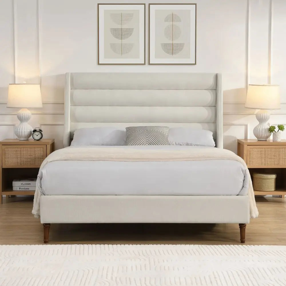 Beige Chenille Upholstered Queen Bed Frame with Wavy Headboard
