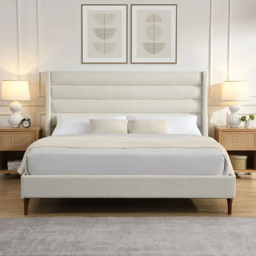 Beige Chenille Upholstered Queen Bed Frame with Wavy Headboard