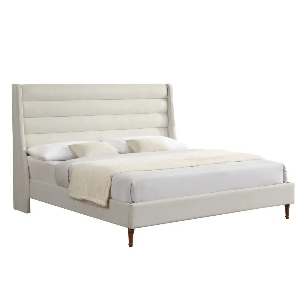 Beige Chenille Upholstered Queen Bed Frame with Wavy Headboard