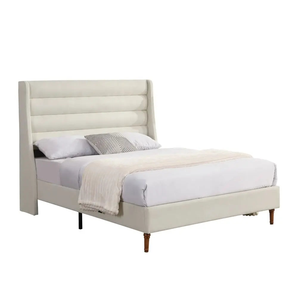 Beige Chenille Upholstered Queen Bed Frame with Wavy Headboard