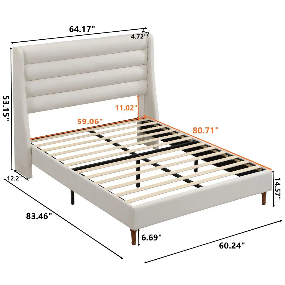 Beige Chenille Upholstered Queen Bed Frame with Wavy Headboard