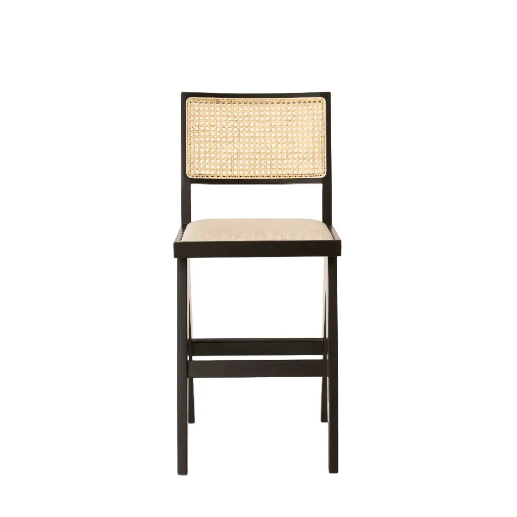Cane & Upholstered Bar Stool - Black