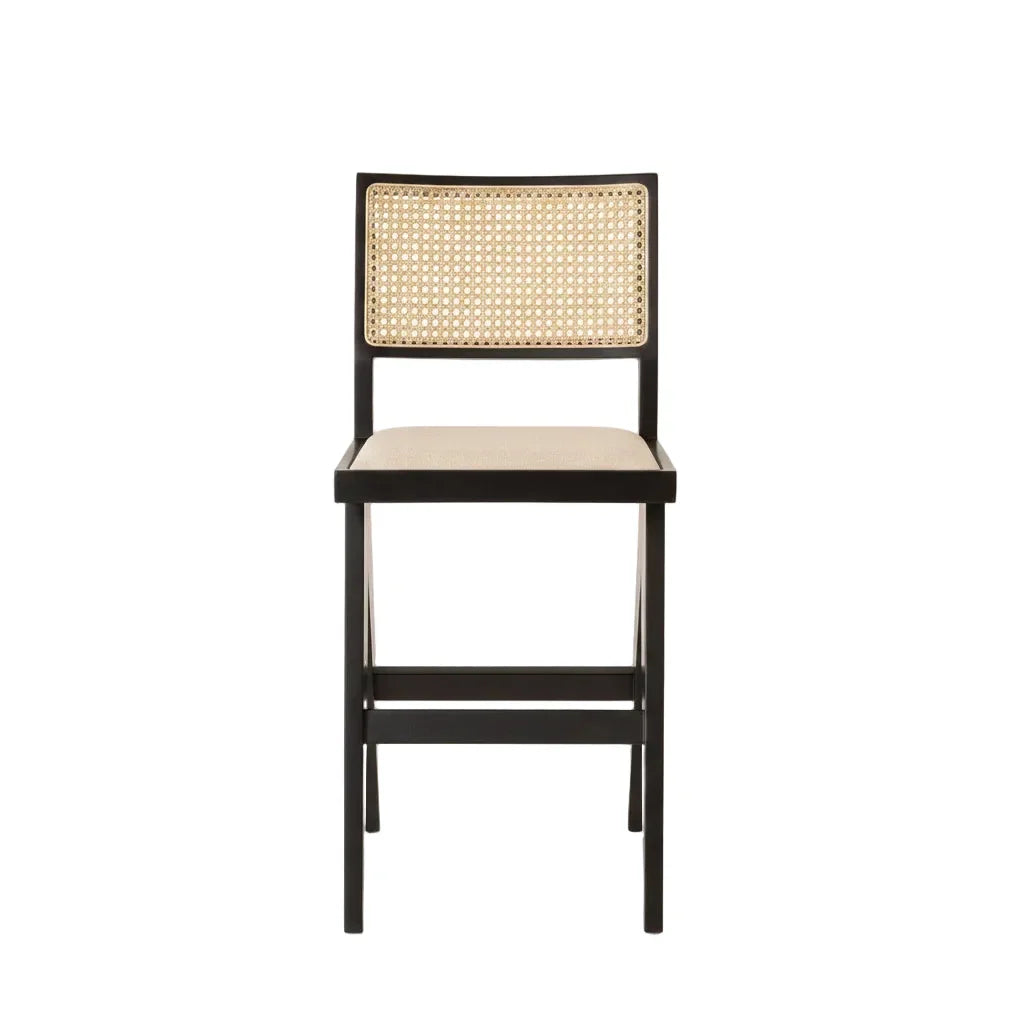 Cane & Upholstered Bar Stool - Black