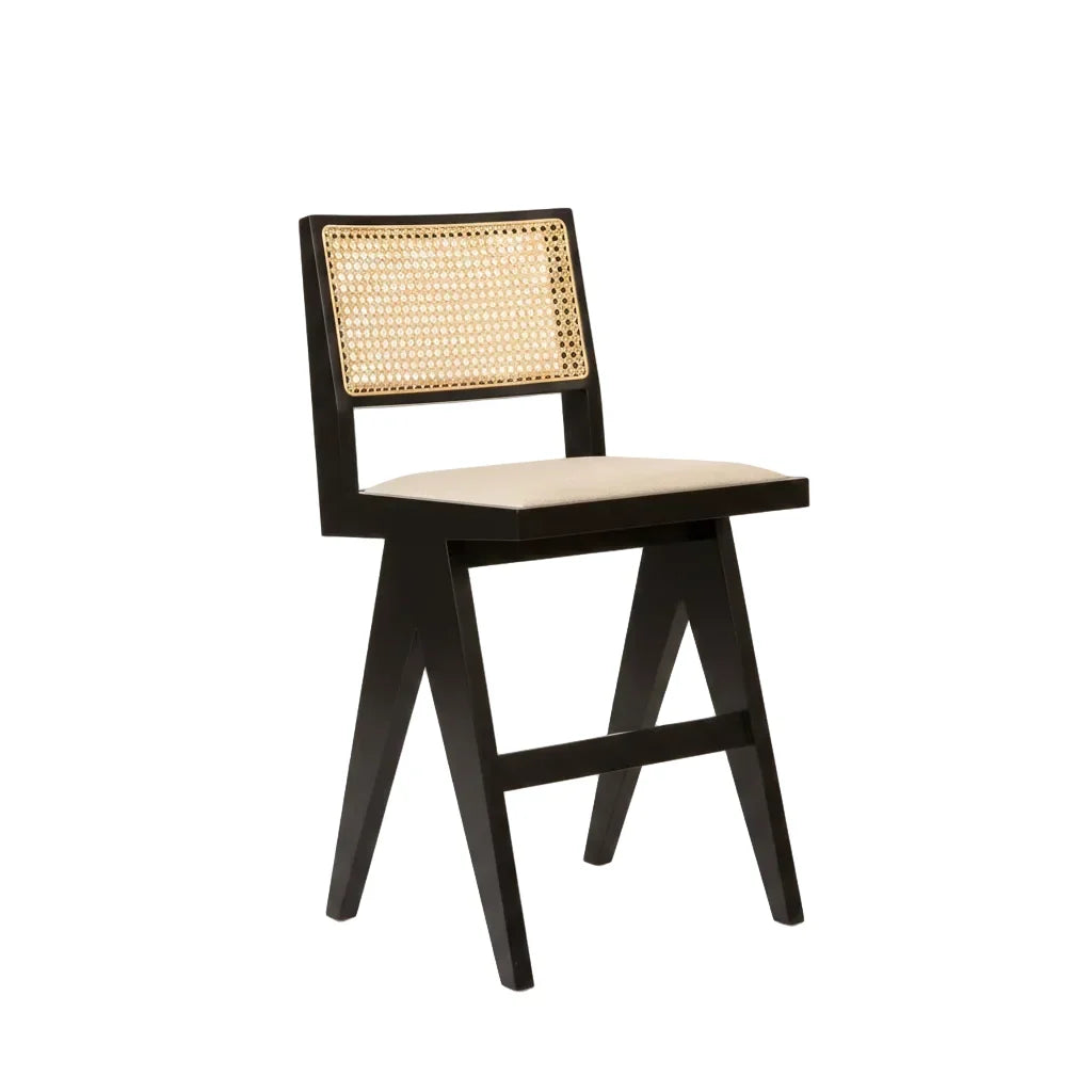 Cane & Upholstered Bar Stool - Black