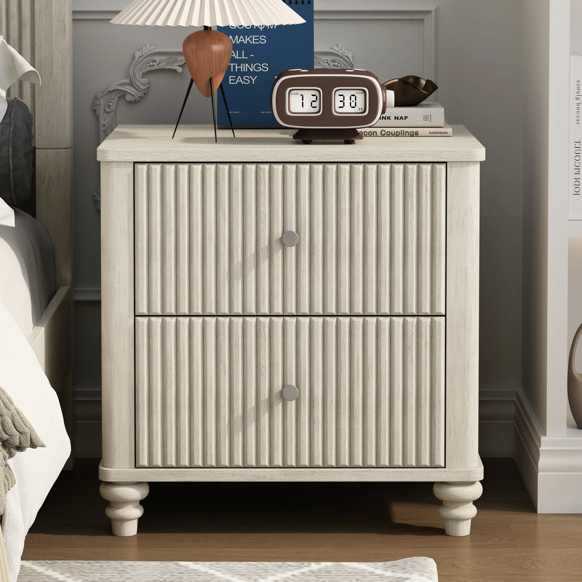 Modern Beige Solid Wood King Bed and 2 Nightstands Set