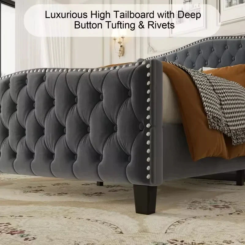 Luxury Grey Tufted Upholstered Bed Frame with Nailhead Trim