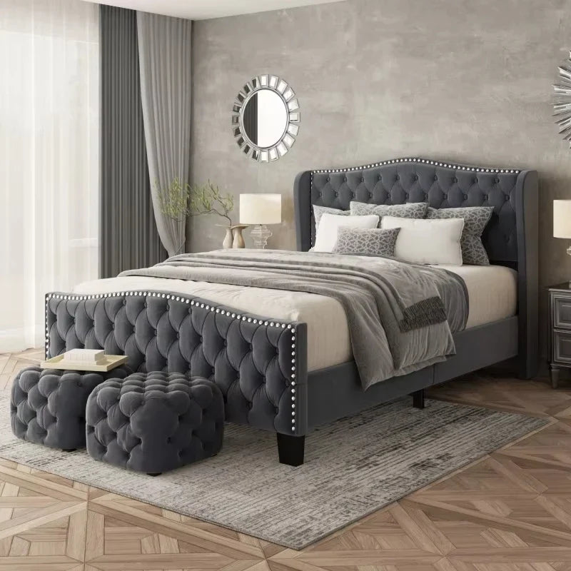 Luxury Grey Tufted Upholstered Bed Frame with Nailhead Trim