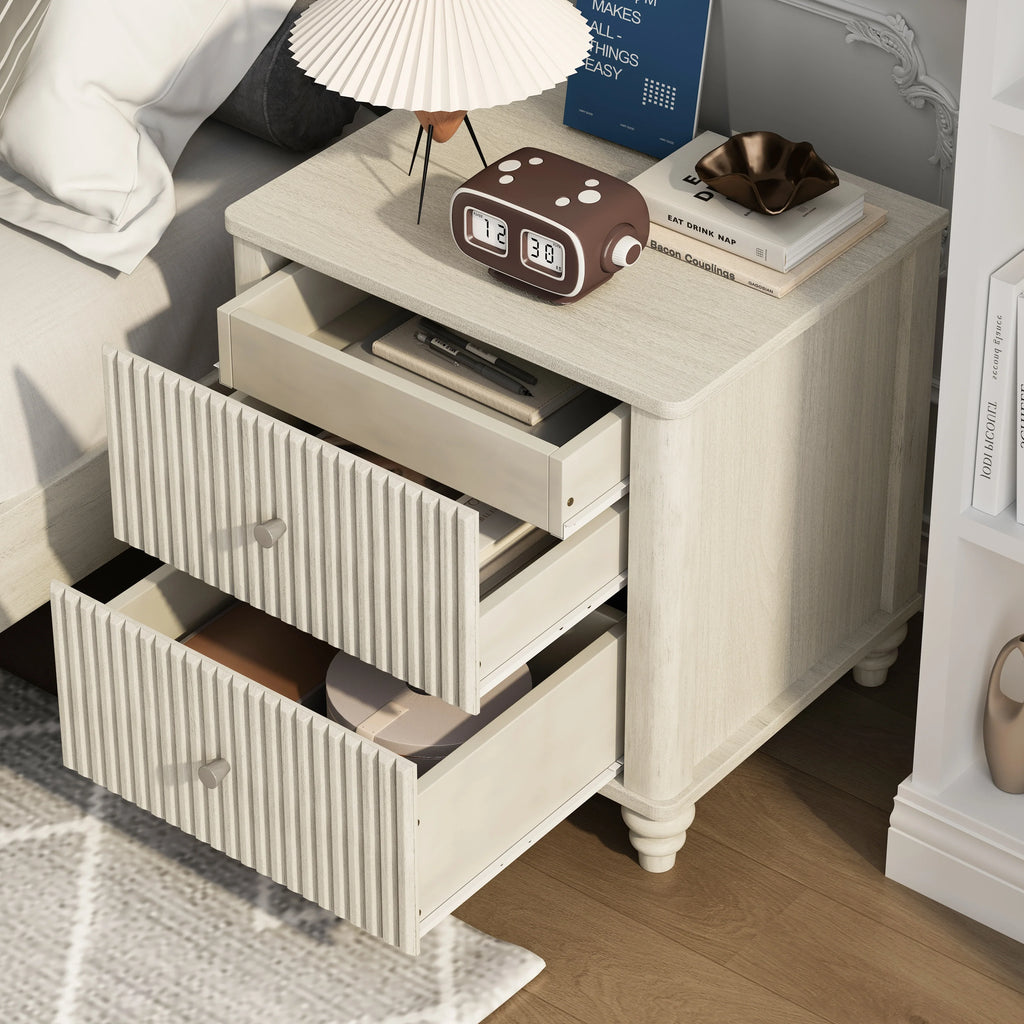 Modern Beige Solid Wood King Bed and 2 Nightstands Set