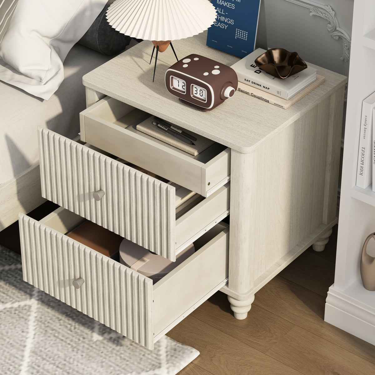 Modern Beige Solid Wood King Bed and 2 Nightstands Set