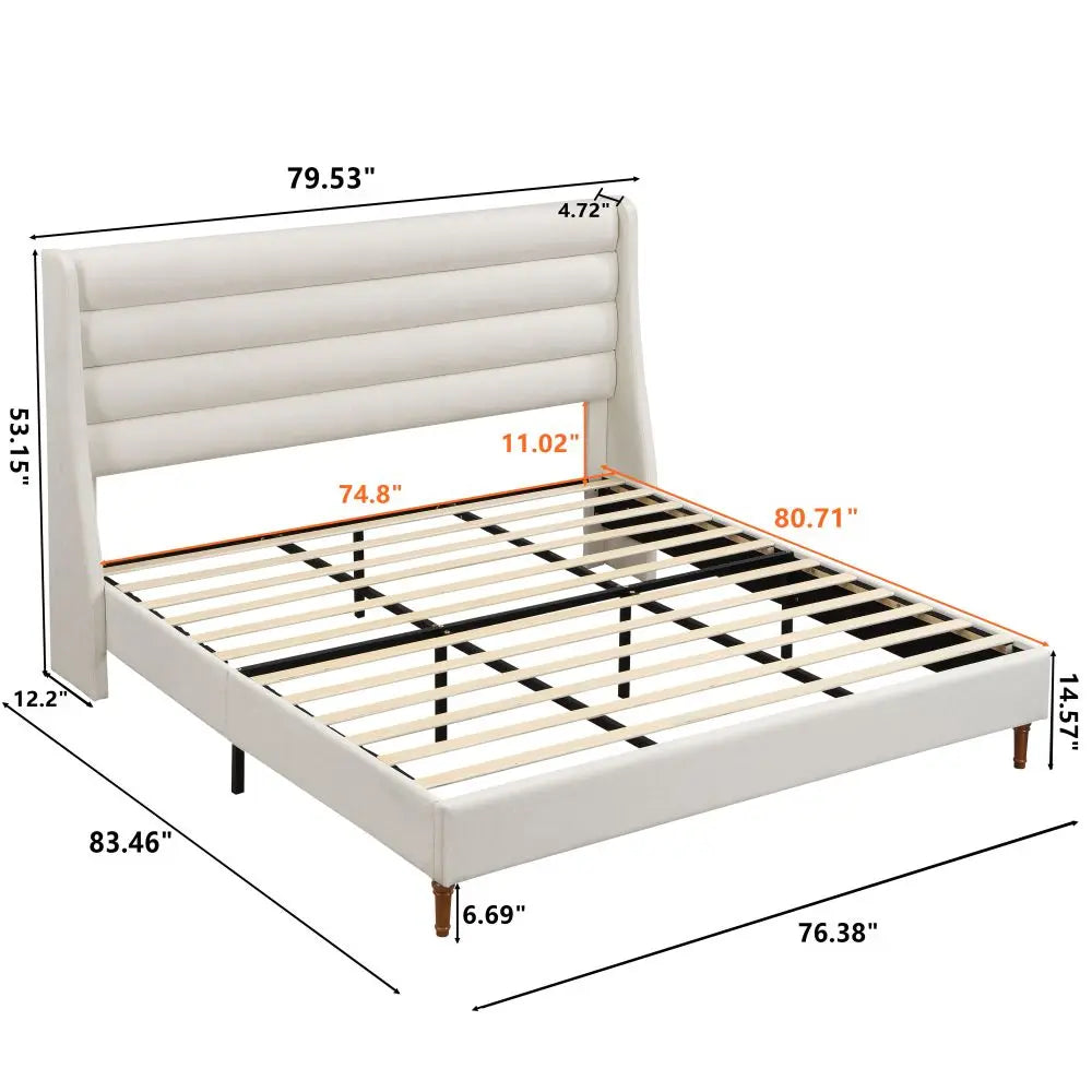 Beige Chenille Upholstered Queen Bed Frame with Wavy Headboard
