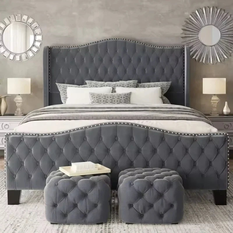 Luxury Grey Tufted Upholstered Bed Frame with Nailhead Trim