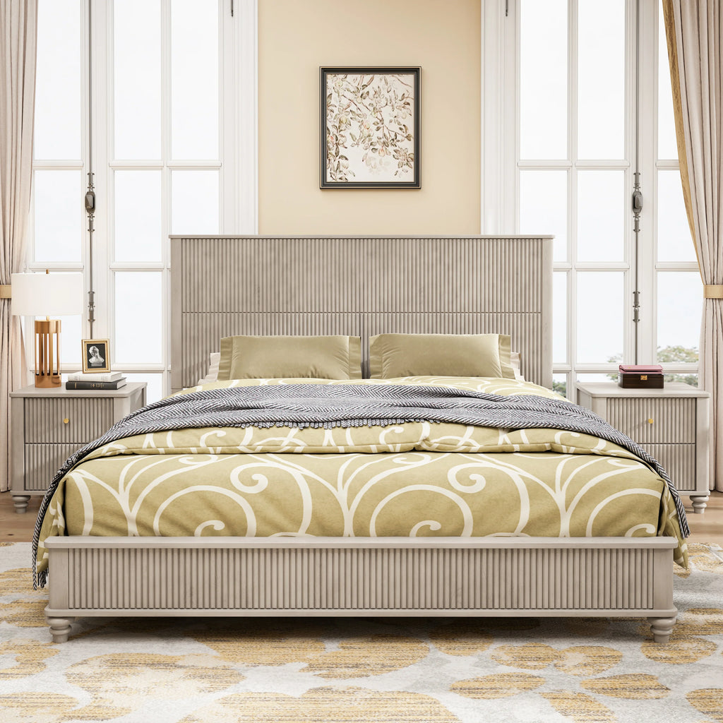 Modern Beige Solid Wood King Bed and 2 Nightstands Set