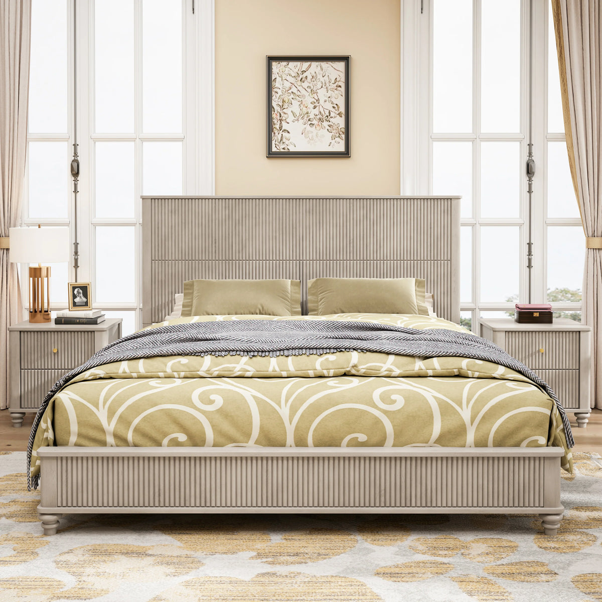 Modern Beige Solid Wood King Bed and 2 Nightstands Set
