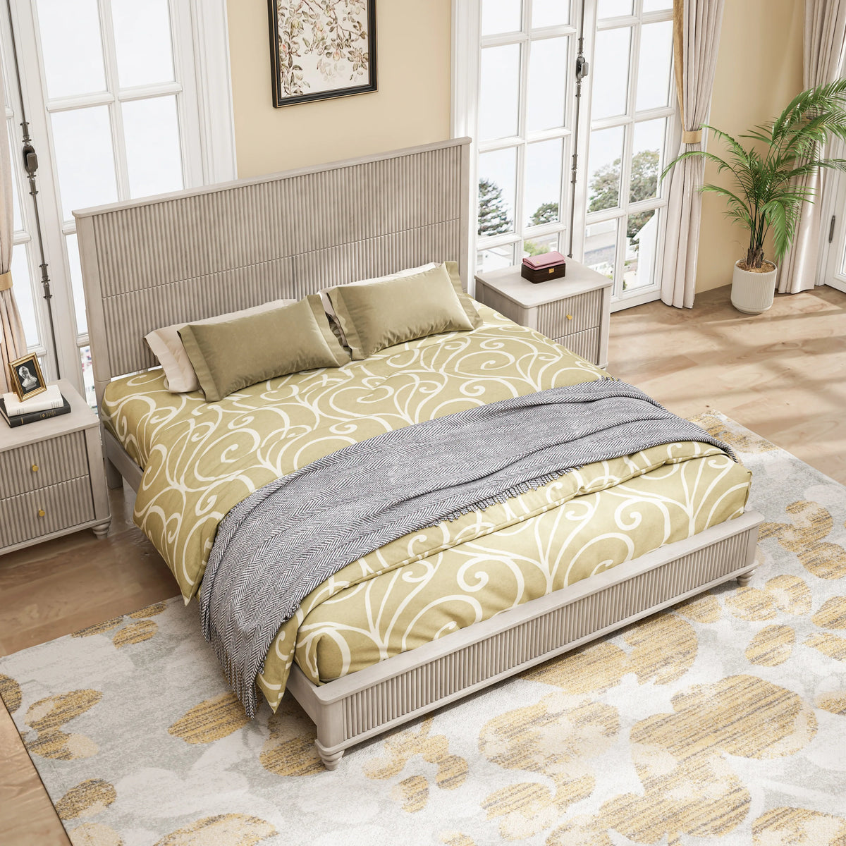 Modern Beige Solid Wood King Bed and 2 Nightstands Set