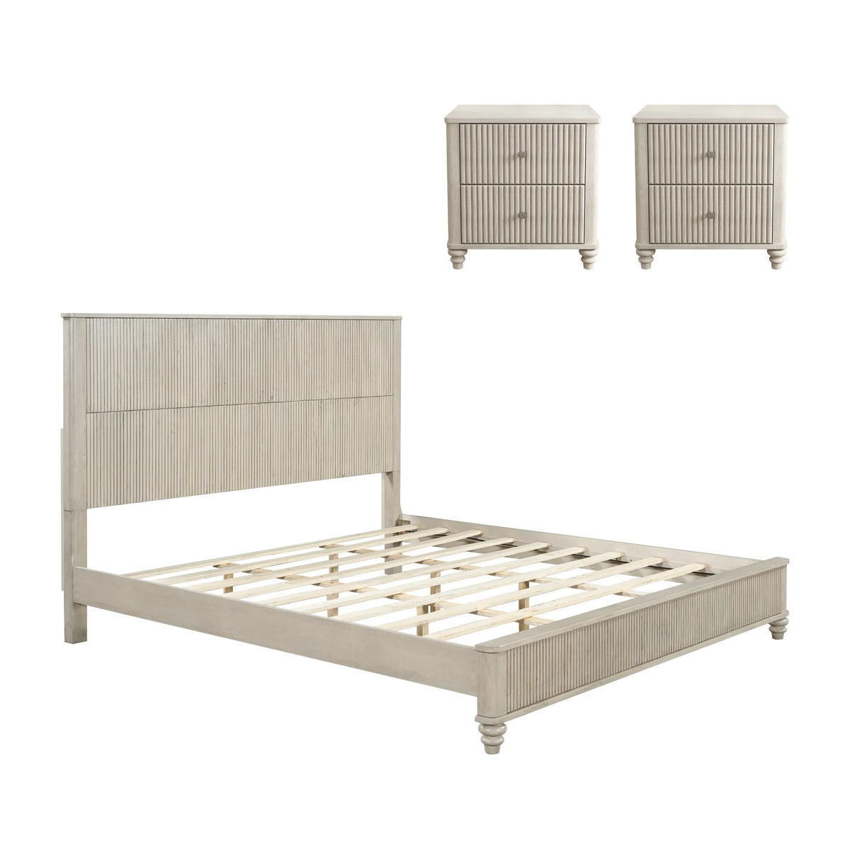 Modern Beige Solid Wood King Bed and 2 Nightstands Set
