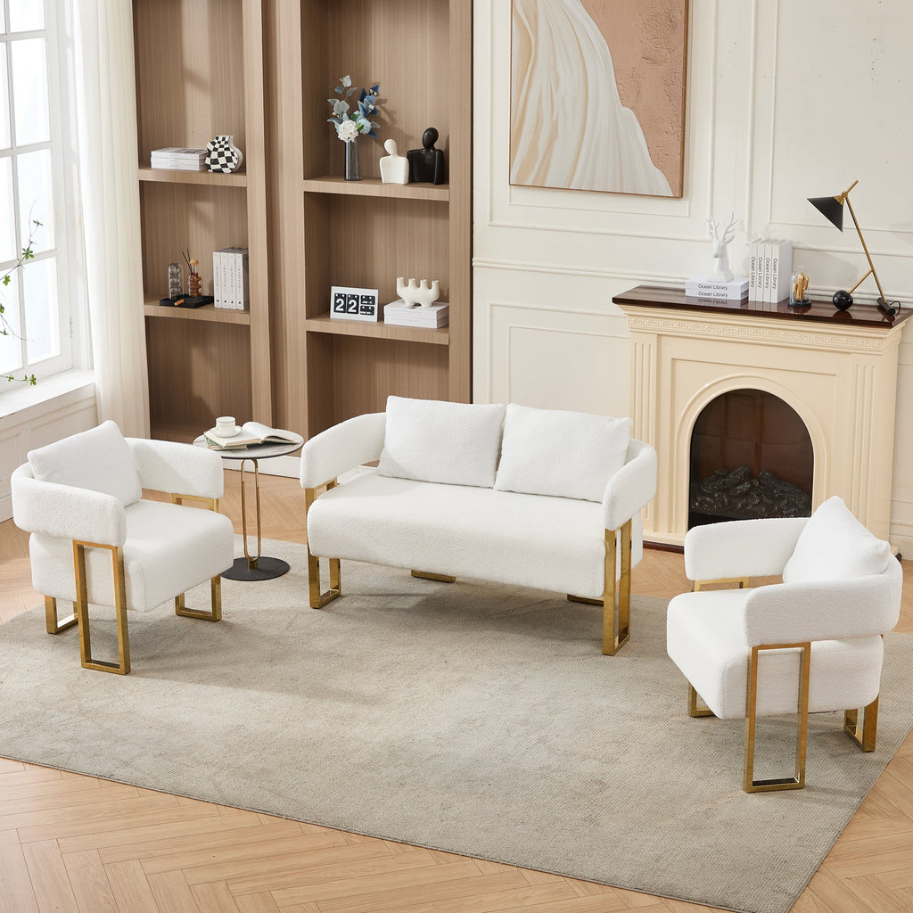 Modern White Teddy Upholstered Loveseat with Gold Metal Legs