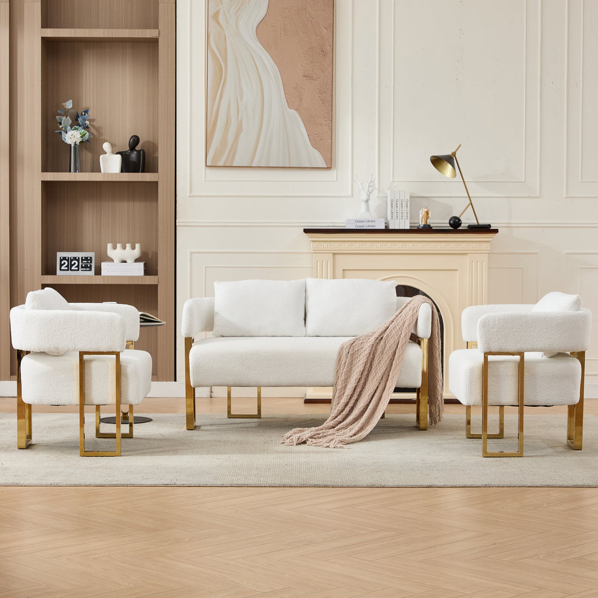 Modern White Teddy Upholstered Loveseat with Gold Metal Legs