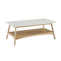 wood coffee table with display shelf arranged inside home lounge and seating environment